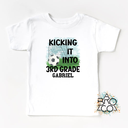 Kicking It Into 3rd Grade - Personalized Shirt - Back To School - First Day Of School - 3rd Grader Shirt - Third Grade - Kids Soccer Tee